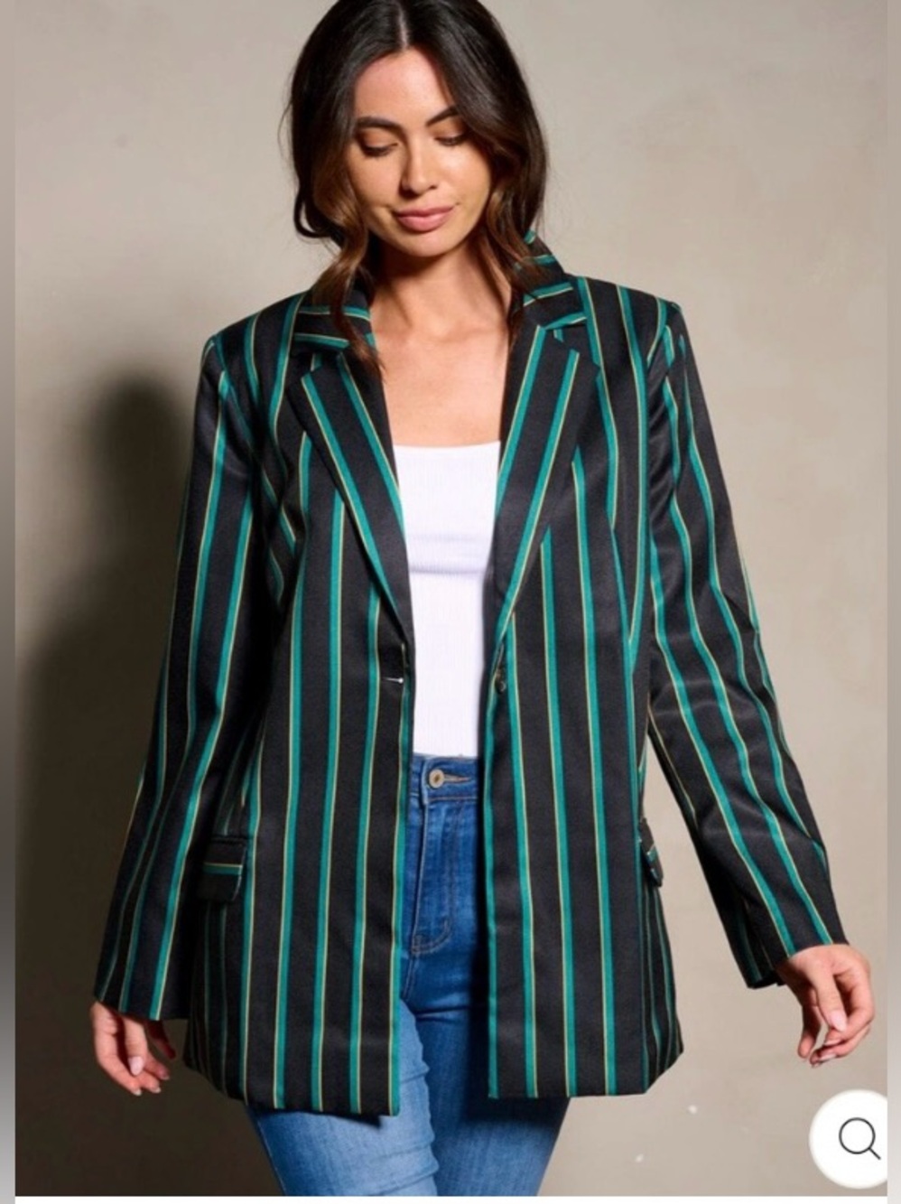Women's Black Blazer with Teal Stripes - Tailored Single-Button Jacket